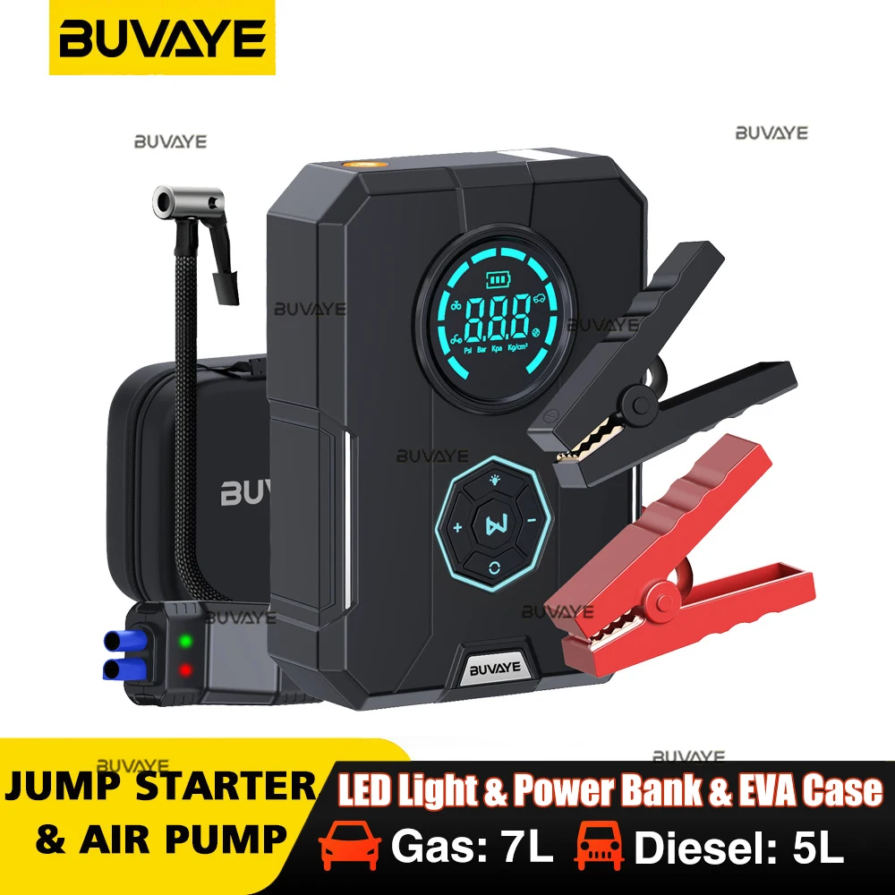 BUVAYE Car Jump Starter Air Pump 6 in 1 Multi-Function Air Compressor Power Bank Car Battery Starter Starting Auto Tyre Inflator