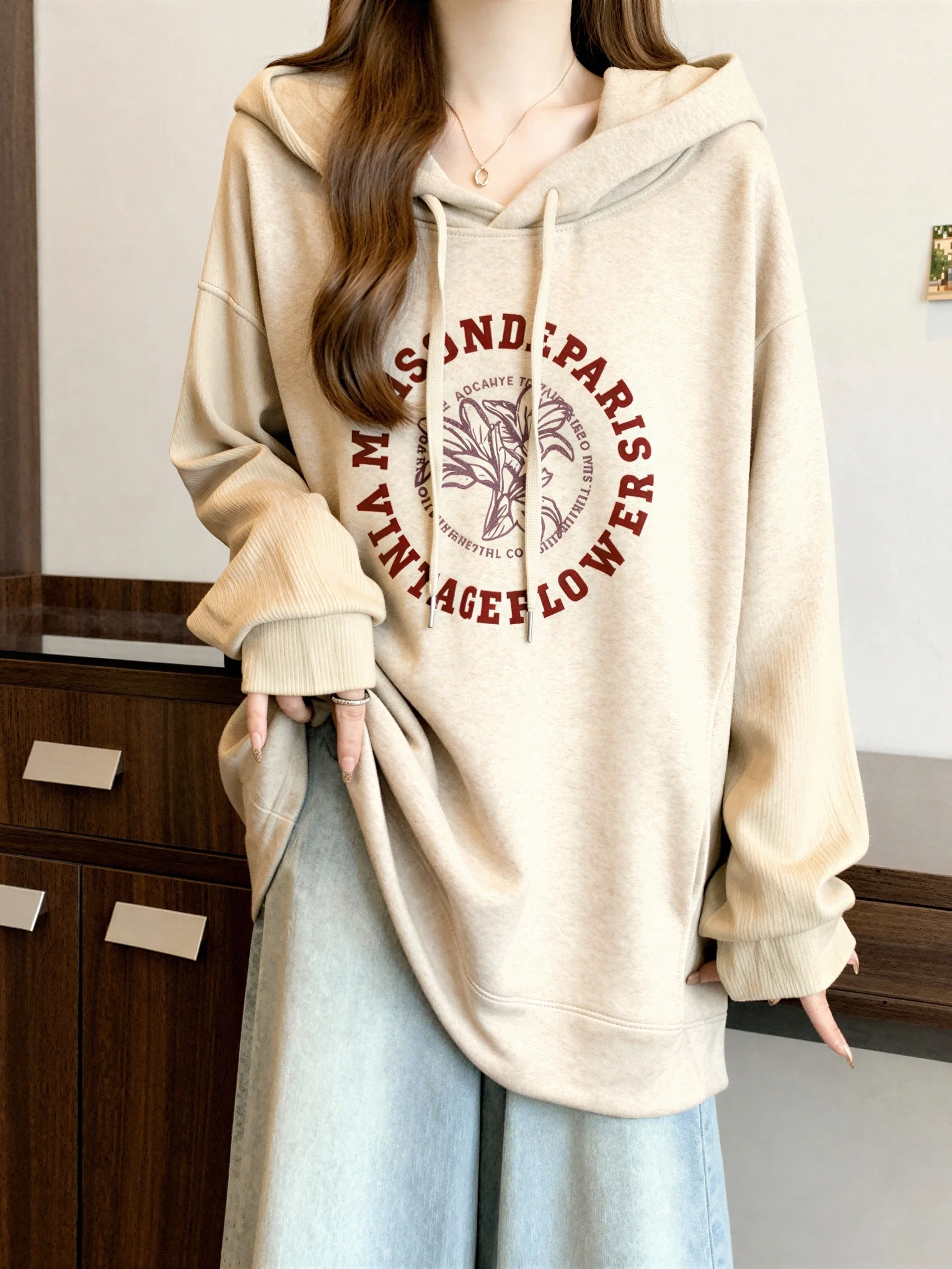 Ladies Thickened Fleece Hoodie Oversized Shoulder Length Sweatshirt Korean Style Commute Wind Early Autumn New plus Size