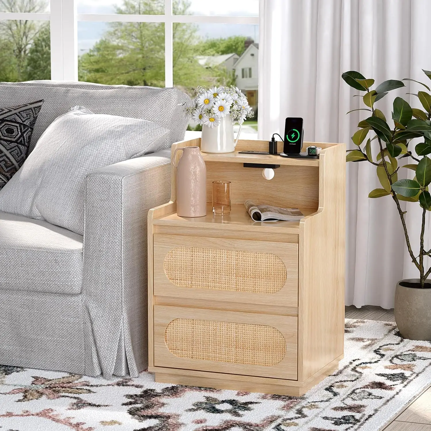 Boho Rattan Nightstand Set 3