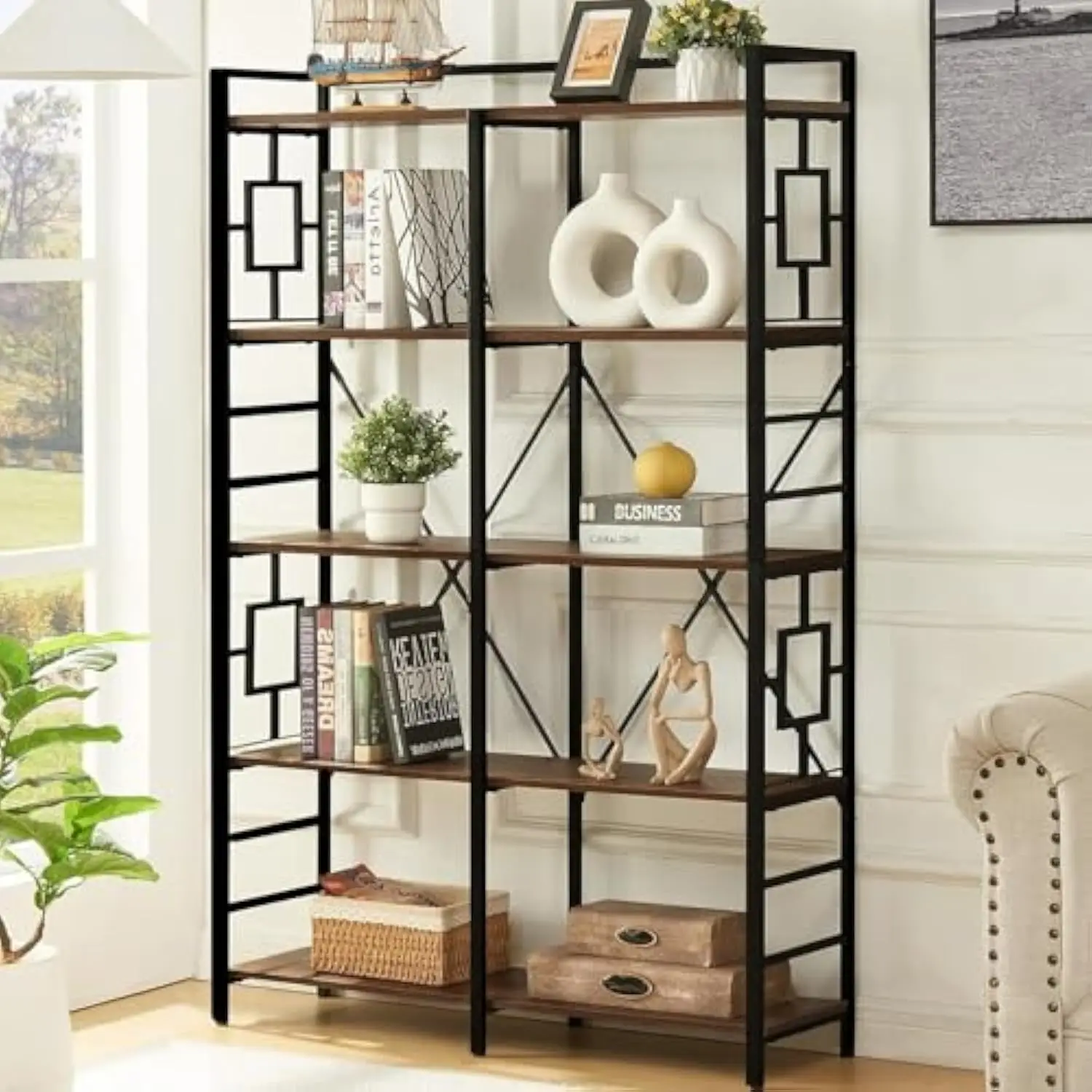 

HOMISSUE Bookshelf, Tall Double Wide 5 Tier Book Shelf, Engineered Wood and Metal Bookcase with Display Shelf, Large Open Bookc