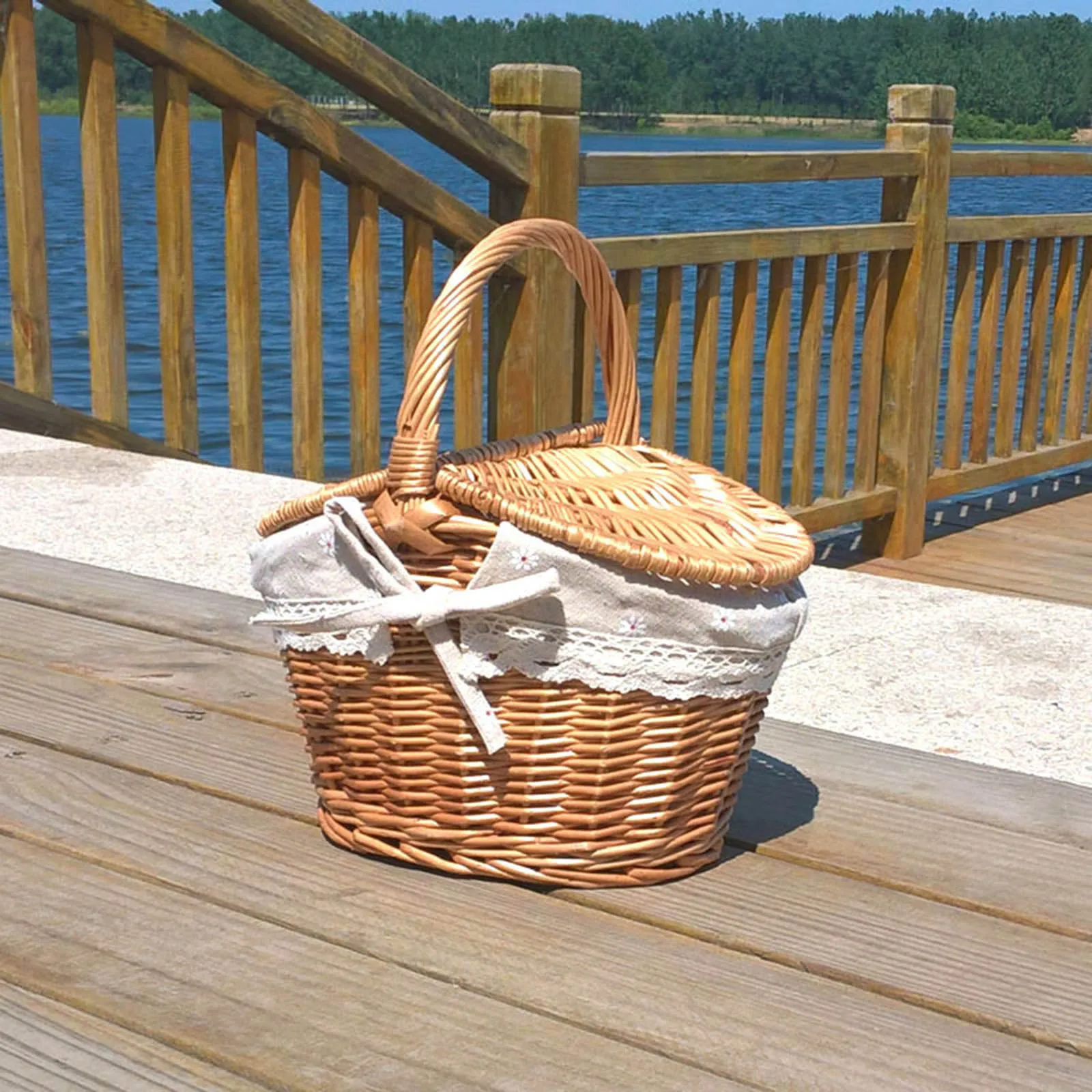 Cesta de piquenique de vime com tampa resistente, Handle Picnic Hamper, Forro lavável, Cesta tecida para praia, Caminhadas, Acampamento ao ar livre