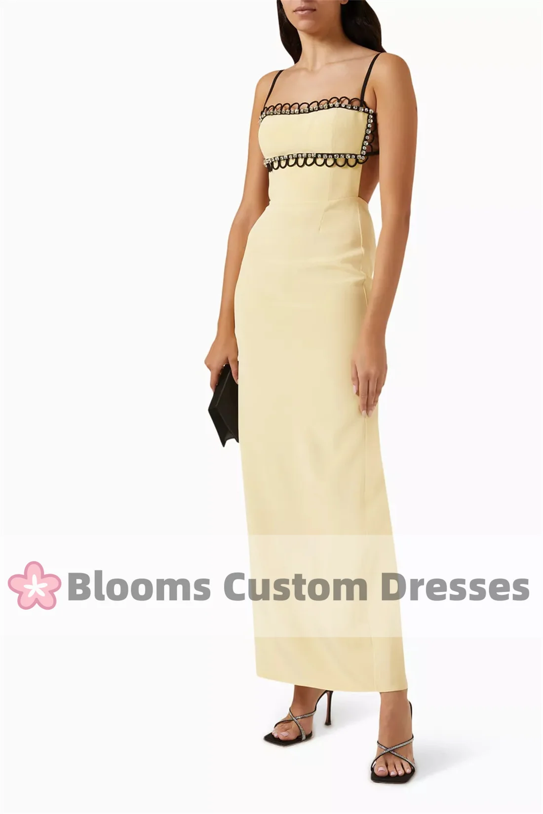 Customized Shiny Rhinestone Spaghetti Straps Evening Dress Chiffon Sexy Cocktail Prom Dress Back Slit Backless Formal Party Gown
