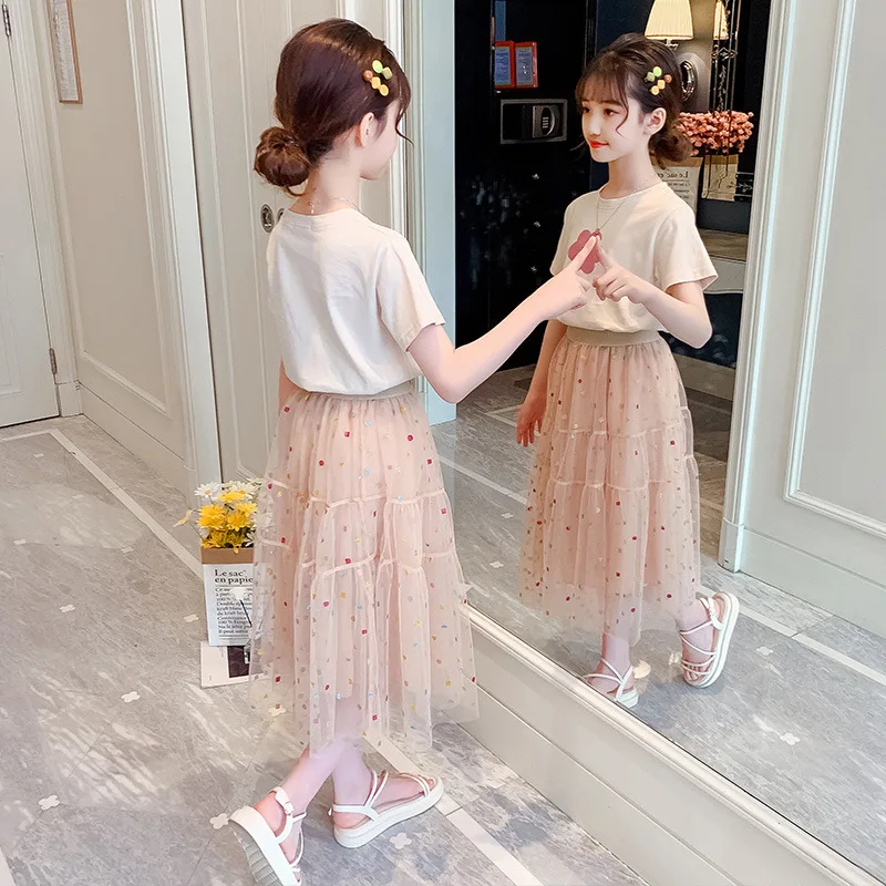 Fashion Girls Dress Summer Kids Outfits T-shirt + Dress 2PCS School Casual Children Short Sleeve Dresses For Girl Teen 4-12 Year image 2