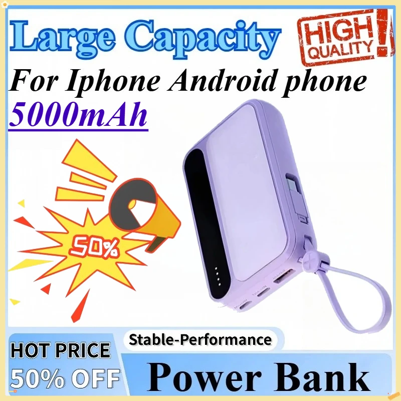 

5000mAh Power Bank Large Capacity Built in Cables Intelligent For Iphone Android phone Digital Display Light Portable Battery