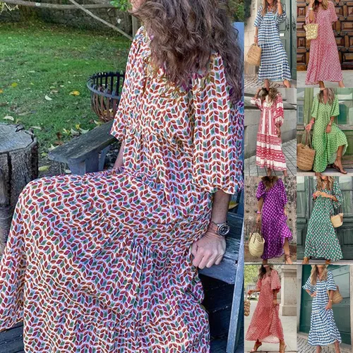 Imagen 2 del producto Vestido largo bohemio con mangas abullonadas para mujer, vestido elegante informal Floral con cordón y cuello en V, Vestidos holgados para vacaciones y playa, Vestidos de fiesta 2022