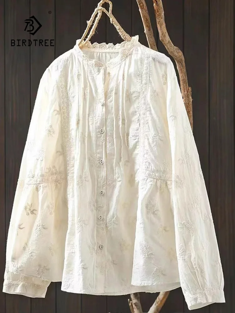Nowa wiosenna bawełniana koszula z długim rękawem, damski top z marszczonym haftem, Mori Girl Sweet Casual Hollow Out Loose Blouse, 2025 T4D720CC