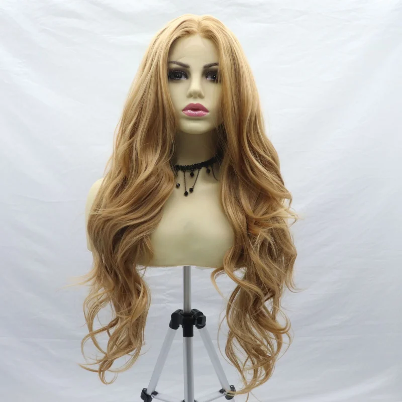 

Hand-crocheted front lace, freely partable, golden large wavy long curly hair, European and American style wig