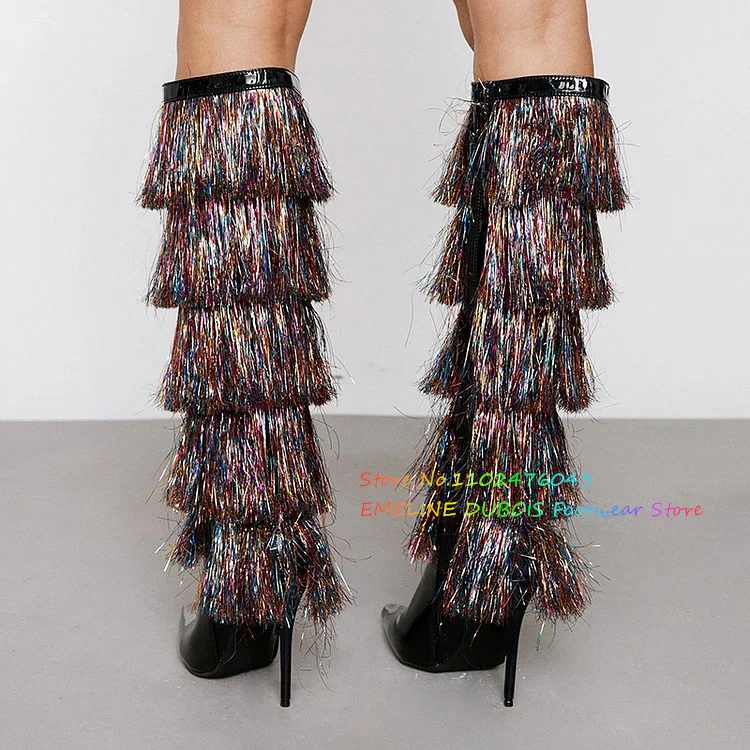 Sexy Multi-layer Colored Tassel Women's Boots Patent Leather Pointed Toes Thin High Heel Side Zipper Knee High Boots Party Shoes