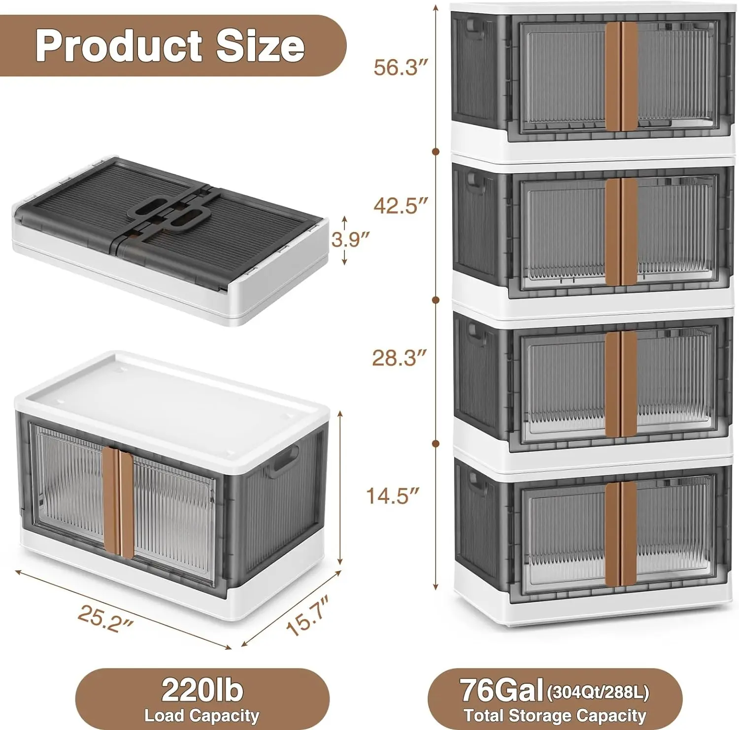 V6 Stackable Storage Bins with Lids, 19Gal Collapsible Plastic Storage Bins With Wheels, Folding Storage Cabinet with Do