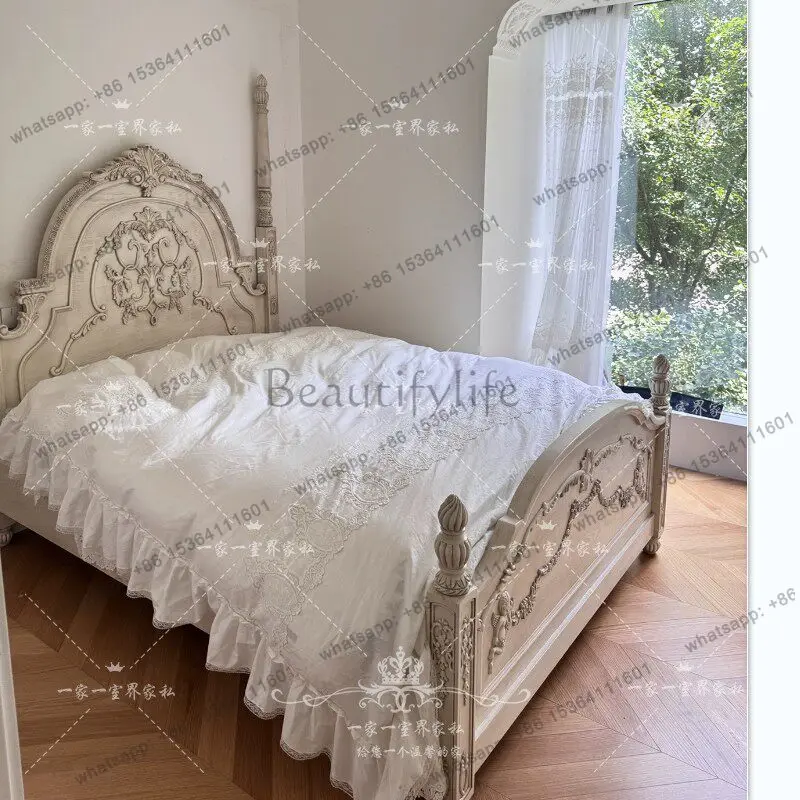 French retro carved high box storage 2 meters by 2 meters double bed American solid wood bed