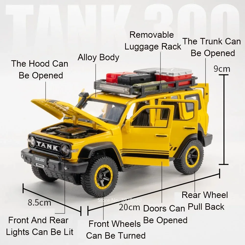 Modèle de voiture Tank 300 à l'échelle 1:24, jouet en métal moulé sous pression, avec effets sonores et lumineux, voitures de police simulées, modèles de véhicules tout-terrain pour enfants, jouets en alliage
