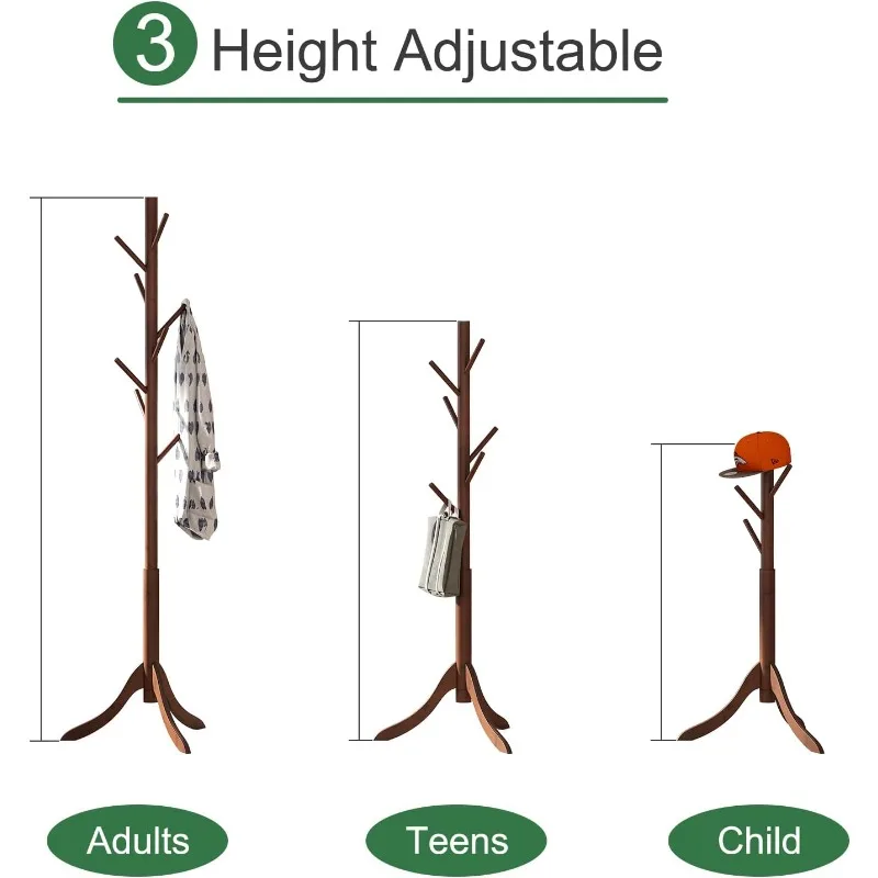 Bamboo Wood Coat Rack Stand, Freestanding Coat Tree with 8 Hooks, Hallway Entryway Hat Hanger Organizer Standing for Bedroom