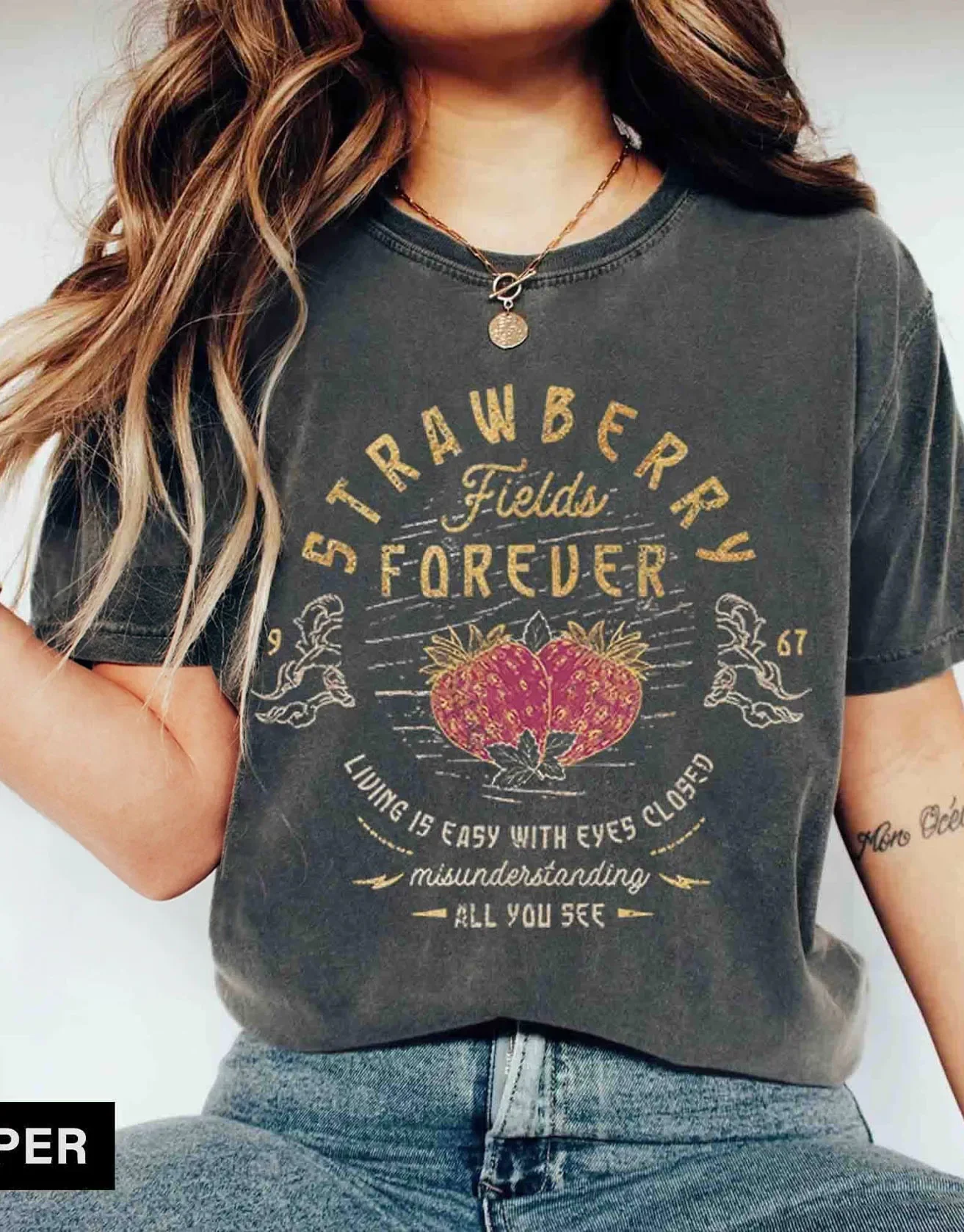 Beatle Strawberry Fields Rock Band Tee Old School Short Sleeve Band Shirt Loose Casual Apparel Y2K Top Daily Trendy Streetwear