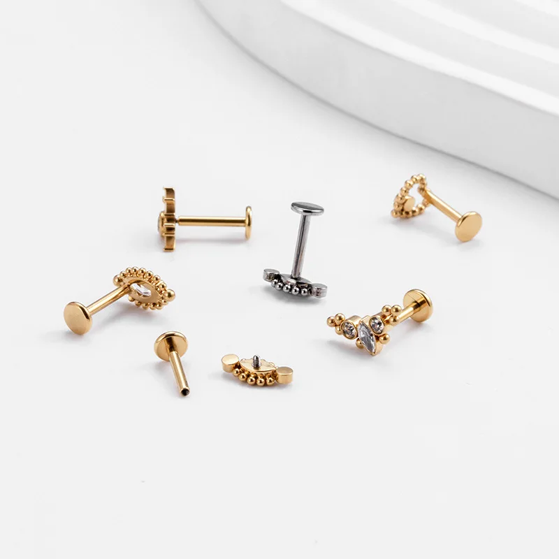G23 Titanium Piercing Labret Stud Internal Thread Horse\'s Eye Crown CZ Lip Earring Helix Conch Tragus Piercing Lobe Body Jewelry
