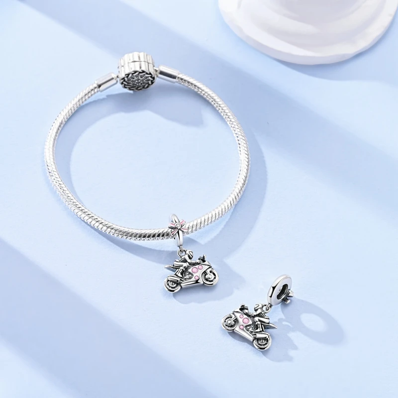 New Charms 925 Sterling Silver Handsome Motorcycle Girl Pendant Dangle Fit Original Bracelet DIY Women Jewelry Making