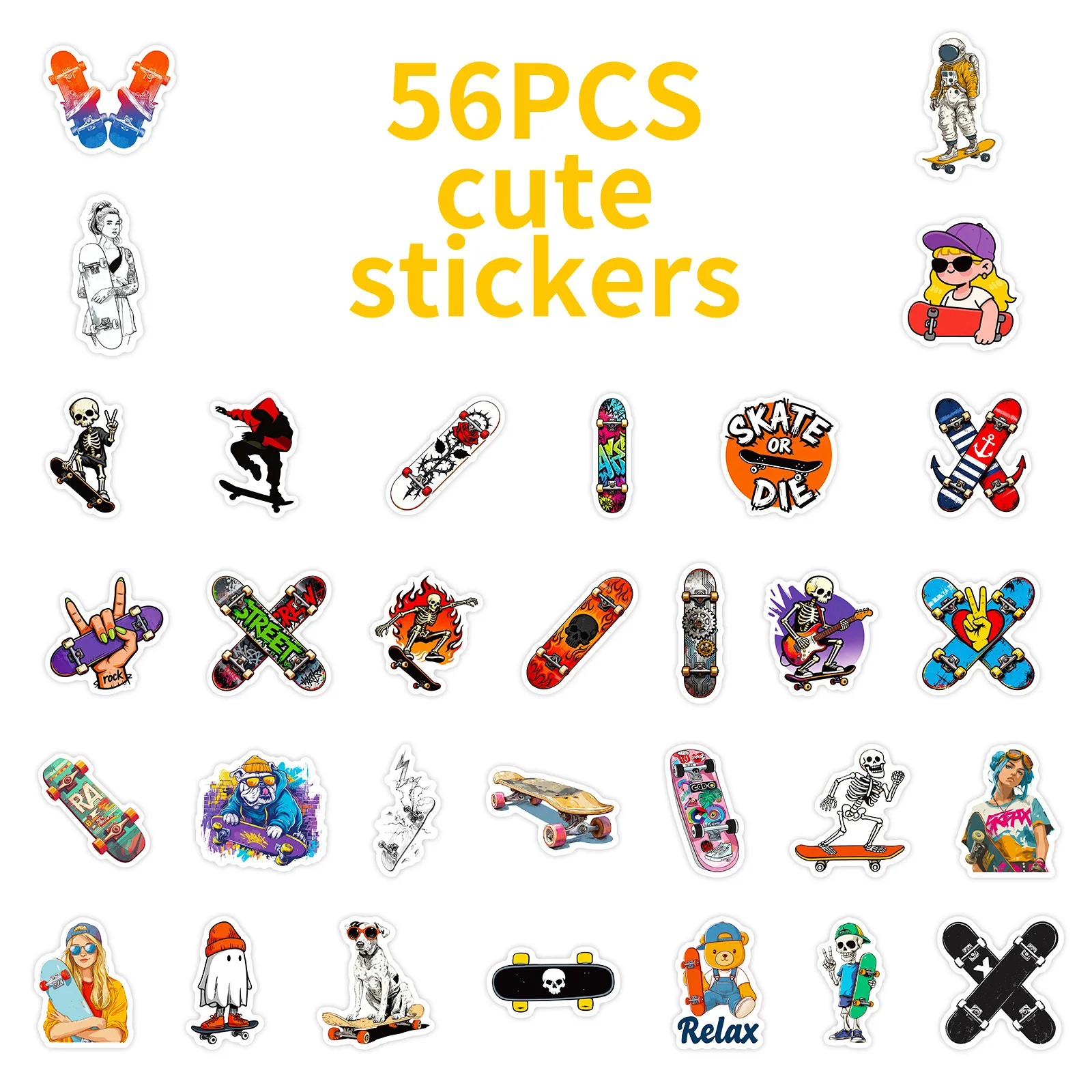 56 Pcs Street Style Skateboard Culture Stickers Cool Skull Graffiti Waterproof Vinyl Decals for Laptop Skateboard Water Cup Gift