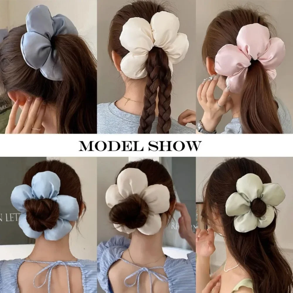 Miękka poduszka Elastyczna opaska do włosów Scrunchie dla kobiet Luksusowy design Duży kwiat wypełniony bawełną Solidna satyna Kucyk Krawaty Akcesoria — zdjęcie 5
