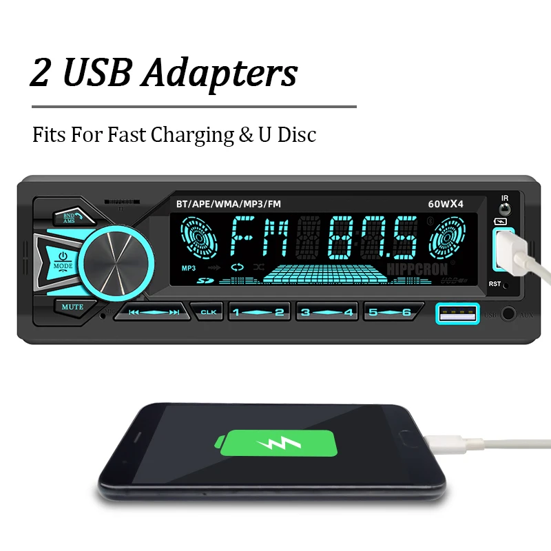 Hippcron 1Din Car Radio Stereo Bluetooth MP3 Player Autoradio 60Wx4 FM Receiver With Remote Control AUX/USB/TF Card In Dash Kit