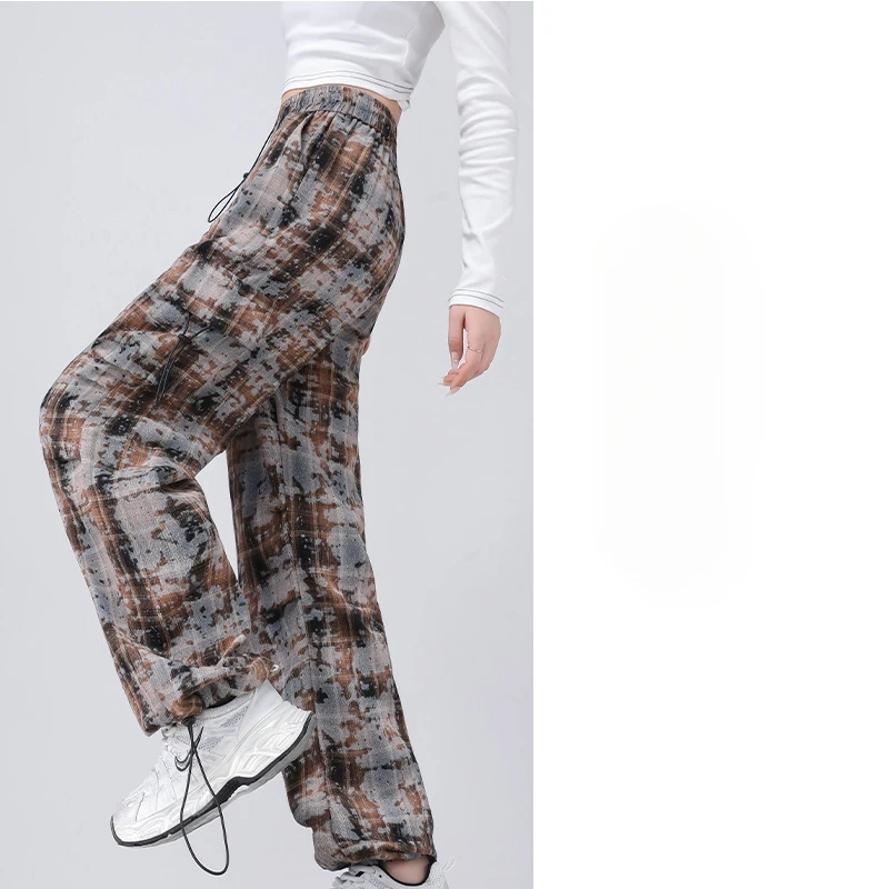 Spodnie damskie i capris inspirowane stylem vintage w kratkę z nadrukiem Tie-Dye z wysoką talią i wąską sylwetką