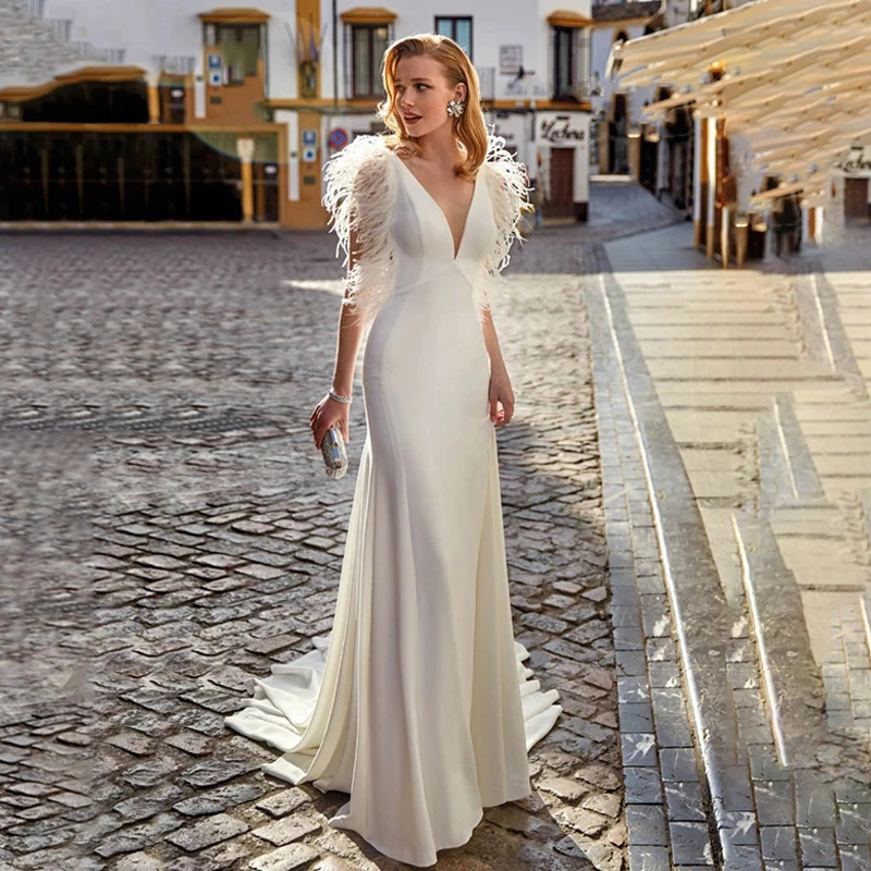 2023 Feather Mermaid Elegant V-Neck Sleeveless Button Stain Wedding Dresses Tea-Length Vestido De Novia Bridal Gown For Women