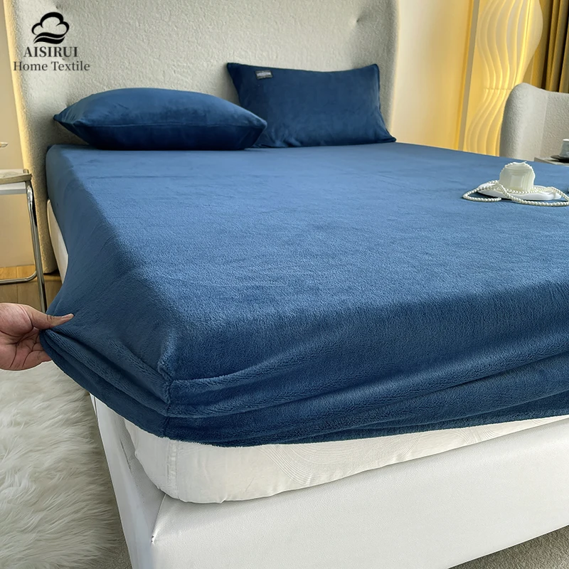 Double Sided Fleece Fitted Bedding Sheet Winter Warm Adjustable Mattress Dustproof Bed Cover King Size(No Pillowcase) 1pc Decor