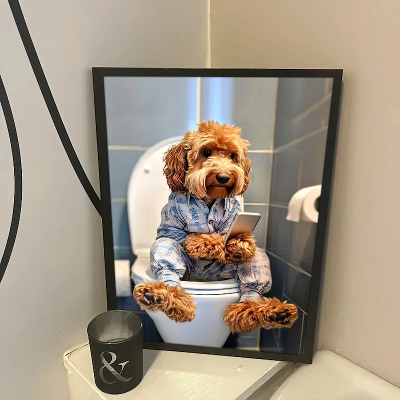 1pc frameless Canvas Painting Funny Dog Poster Goldendoodle Sitting on Toilet on Mobile Phone Print Animal Art Dog on Toilet Can