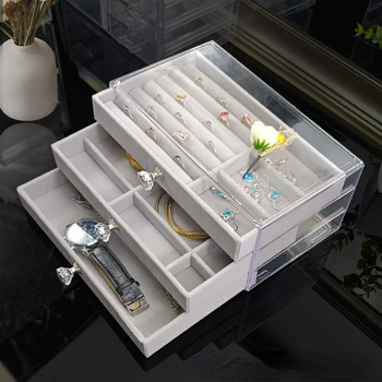 جديد 3-layers شفافة مجوهرات المنظم حلقة كبيرة قلادة القرط حامل ماكياج حالات صندوق مجوهرات مخملية للنساء