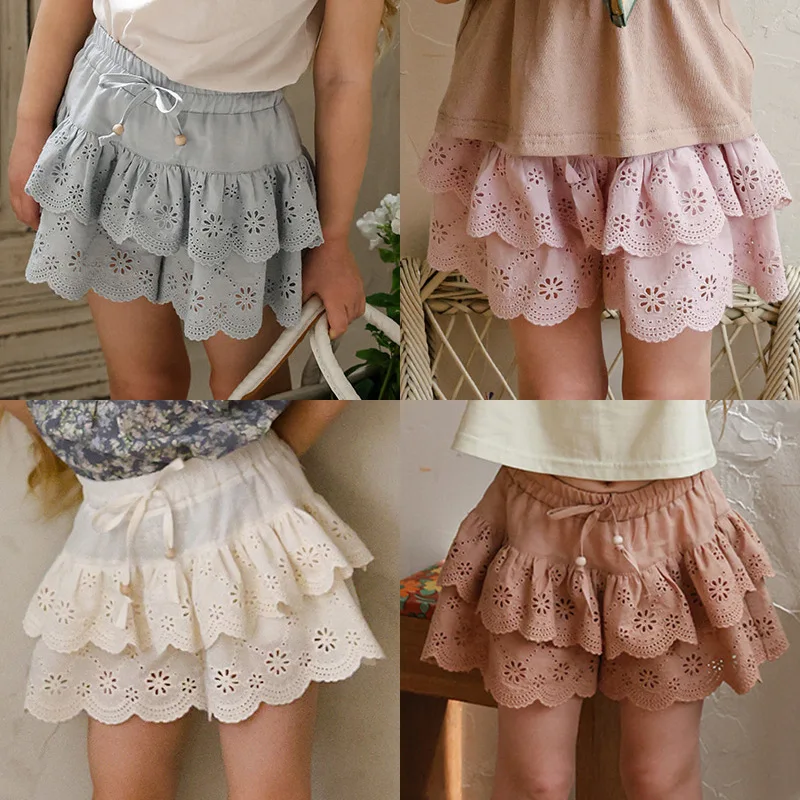 Girls' Shorts 2026 Summer New Arrival: Pink Fashionable Embroidered Openwork Wide-Leg Shorts, Cute Korean-Style Cotton Skirt