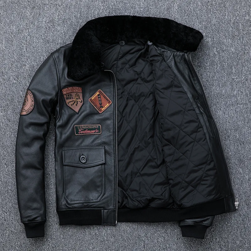 Air Force Flight Jacket Fur Collar Genuine Top Layer Cow Leather Jacket Men Black Cow Coat Men's Winter Jacket 정품 가죽