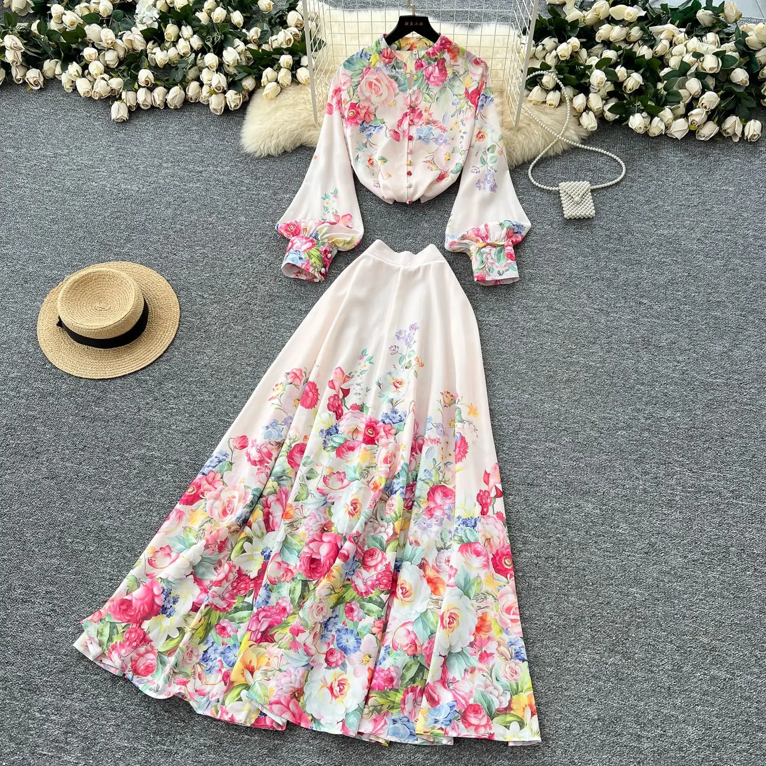 

Two Piece Sets Skirt Set Women Matching Sets Lantern Sleeve Tops Print Floral Long Skirts Dress Sets High Waist Y2k Streetwear