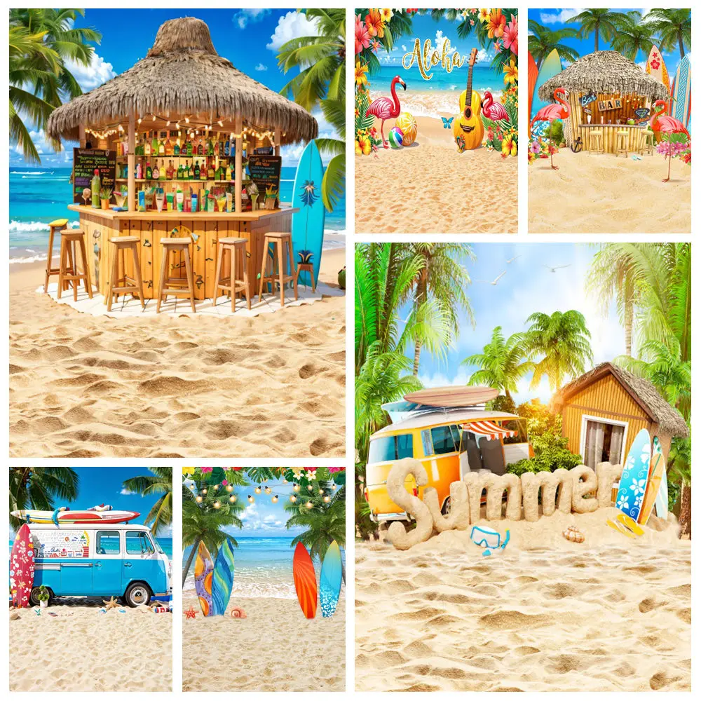 

Summer Beach Hawaiian Backdrop For Photography Seaside Luau Aloha Surfboard Flamingo Kid Birthday Holiday Party Photo Background