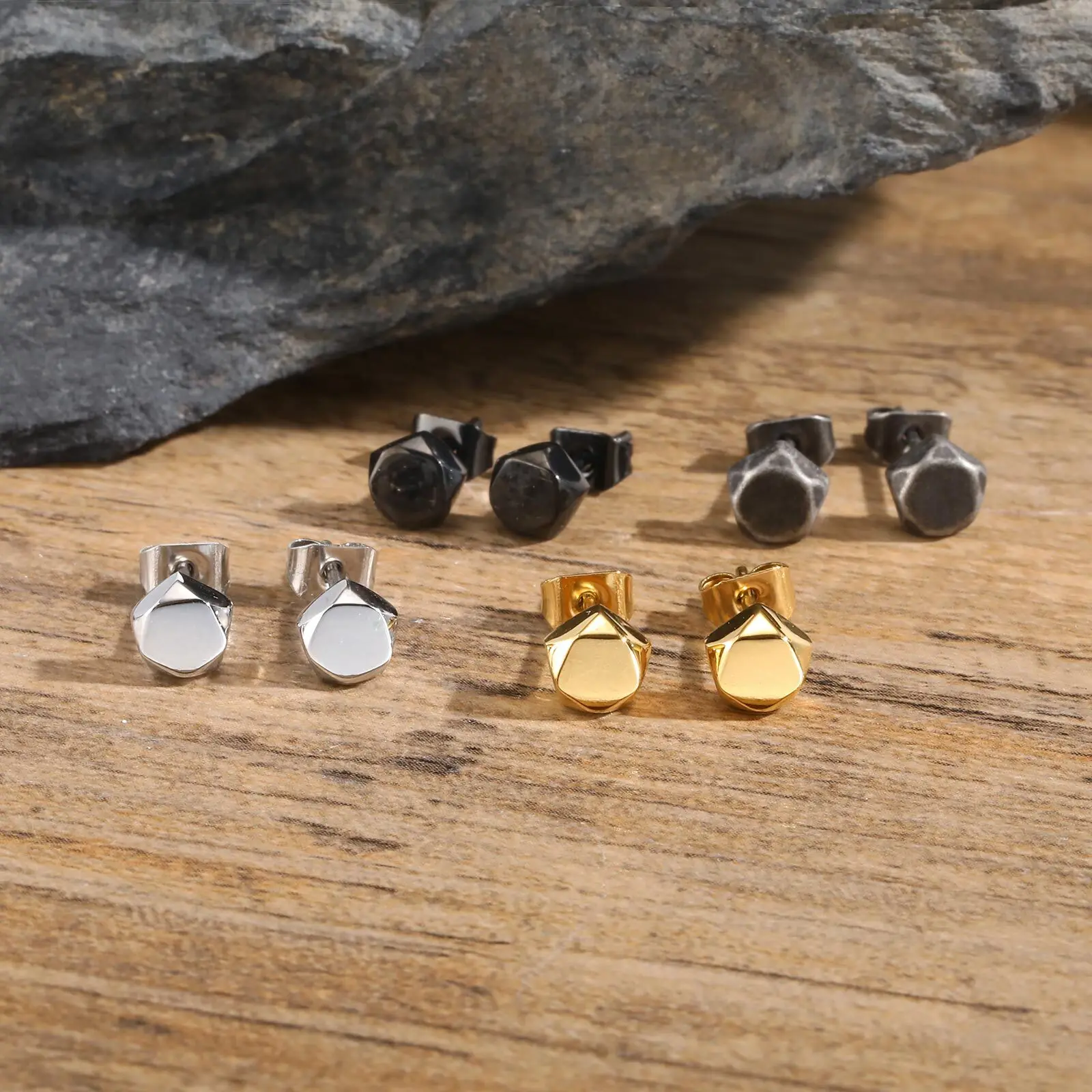 Retro Grey Geometric Stud Earrings for Men Boys,Stainless Steel Mens Earring,Rock Punk Industrial Jewelry Gifts