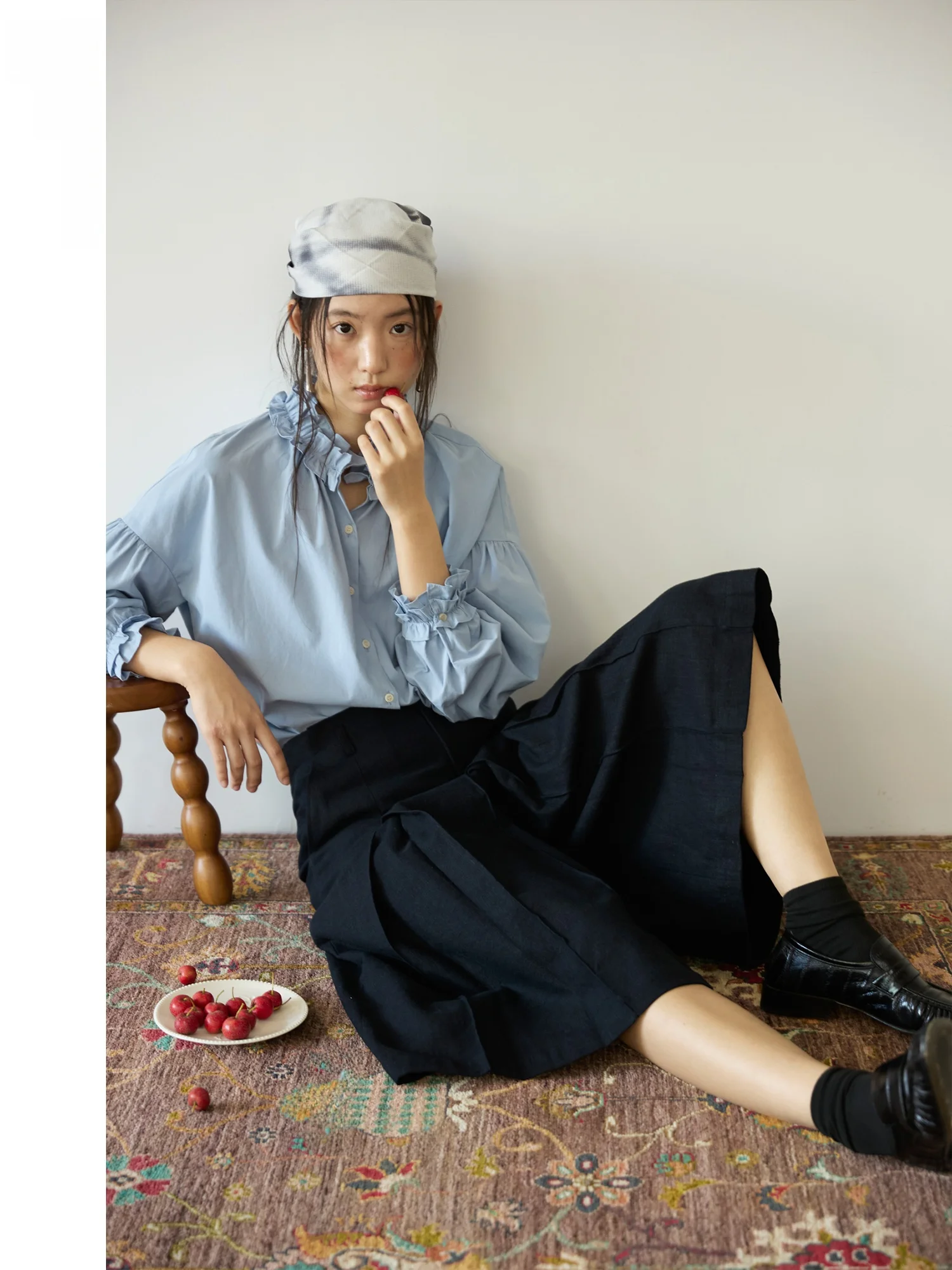 

Retro Fog Blue Silk Cotton Collar Loose Bubble Sve irt Women's Casual Sle Comfortable Breathable Slimming