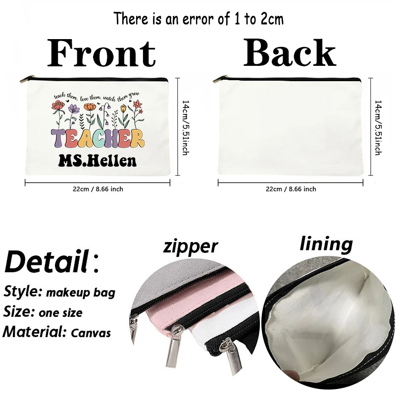 Teacher Personalized Canvas Cosmetic Bag Customized Name Travel Zipper Pouch Perfume Lipstick Storage Makeup Bags Teachers Gift