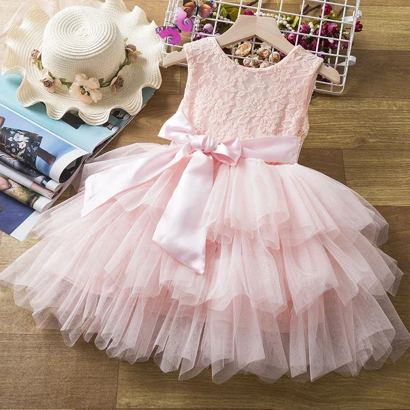 Flower Girls Dress for Summer Weddings Birthday Party Dress for 2-6Yrs Baby Girl for 2024 New Backless Sleeveless Lace Prom Gown