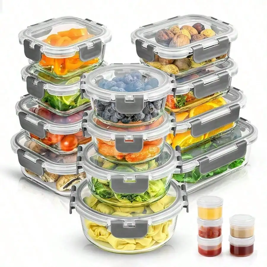 24‑Pack Glass Food Storage Containers (12 Containers + 12 Lids), Gray Leak‑Proof Airtight Clip‑Lock Bento Boxes, Microwave, Oven, Freezer & Dishwasher Safe, Ideal Holiday Gift for Family & Friends
