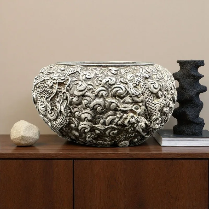 Oriental Dragon Relief Bowl Unisex Vintage Silver Tone Metal Craft Feng Shui Wealth Basin Desktop Collectible Home Decor Gift