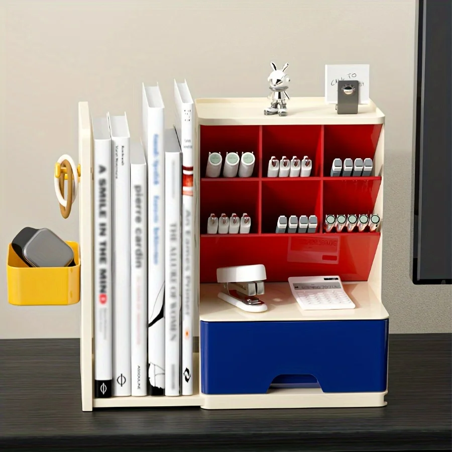 Diagonal Storage Box with Telescopic Book Stand | Large capacity multi-compartment classified desktop file storage box