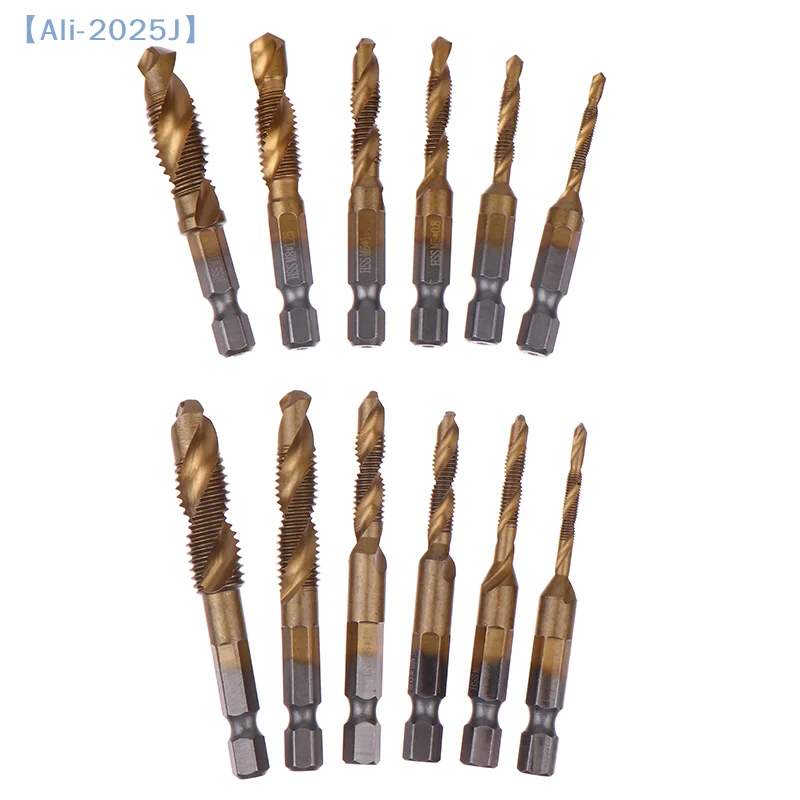 【J】6Pcs Compound Metric Tap Drill Bits Screw Thread Hex Shank Machine Titanium HSS Tap Bit Tool For Metal Steel Wood Plastic