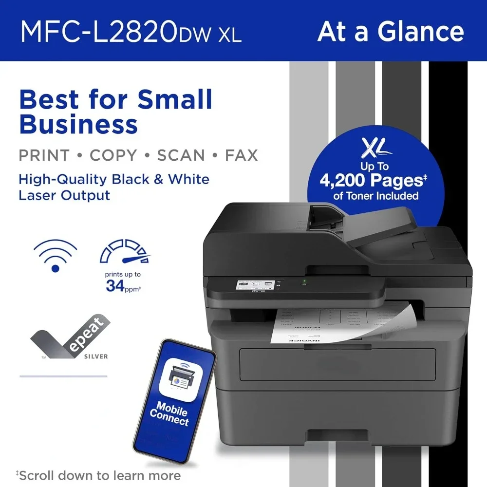 MFC-L2820DW XL Wireless Compact Monochrome All-in-One Laser Printer With Copy, Scan And Fax, Duplex, Black & White