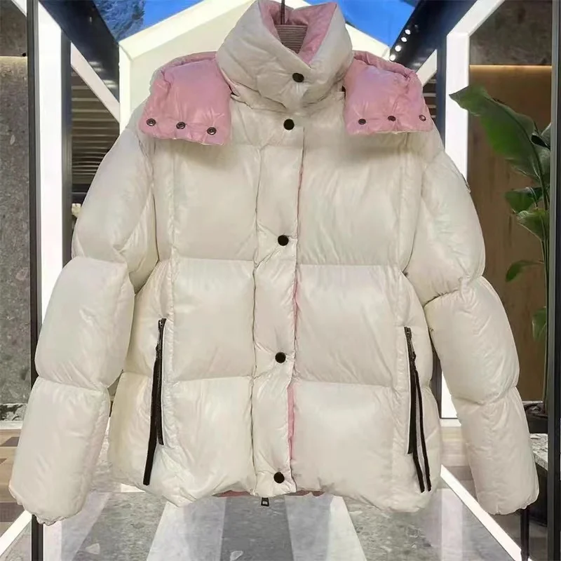 

Розово-белая укороченная утепленная пуховая куртка с капюшоном в уличном стиле, женская модная куртка-пуховик с цветовыми блоками