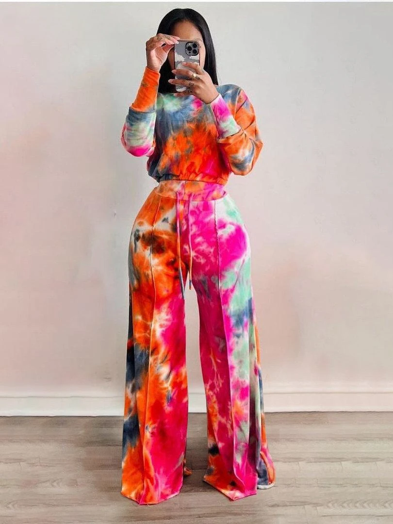 Newest Tie Dye Elegant Women's Tracksuit Off Shoulder Long Sleeve T-shirt and Loose Pants Matching 2 Piece Set Outfits Sweatsuit