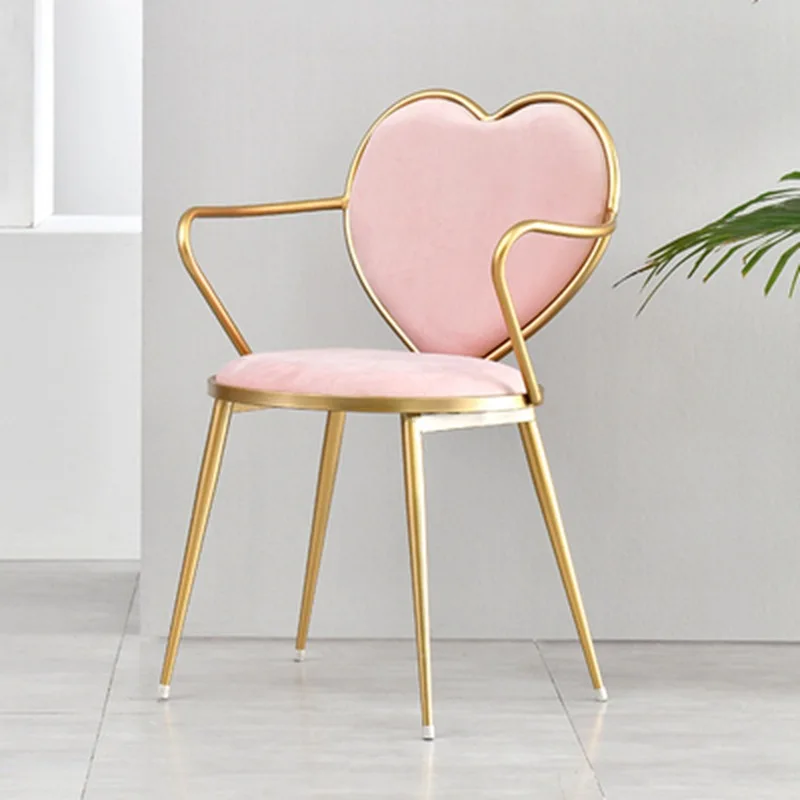 Simple Design Gold Metal Frame Heart Shape Cafe Furniture Velvet Pink Makeup Chairs