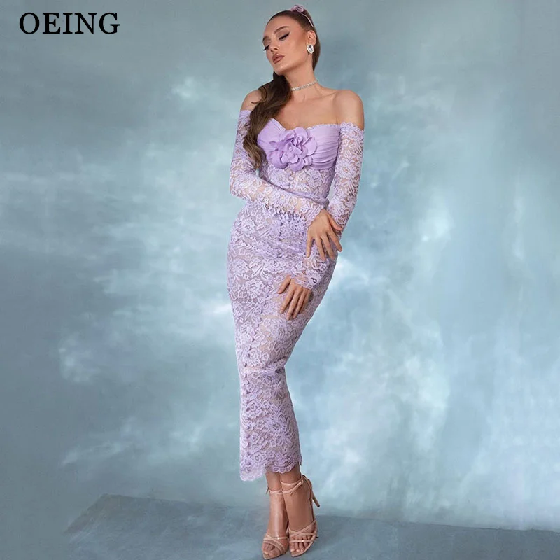 

OEING Mermaid Purple Prom Dress Elegant Off Shoulder Flowers Party Gowns Lace Ankle-Length Evening Dress Customized