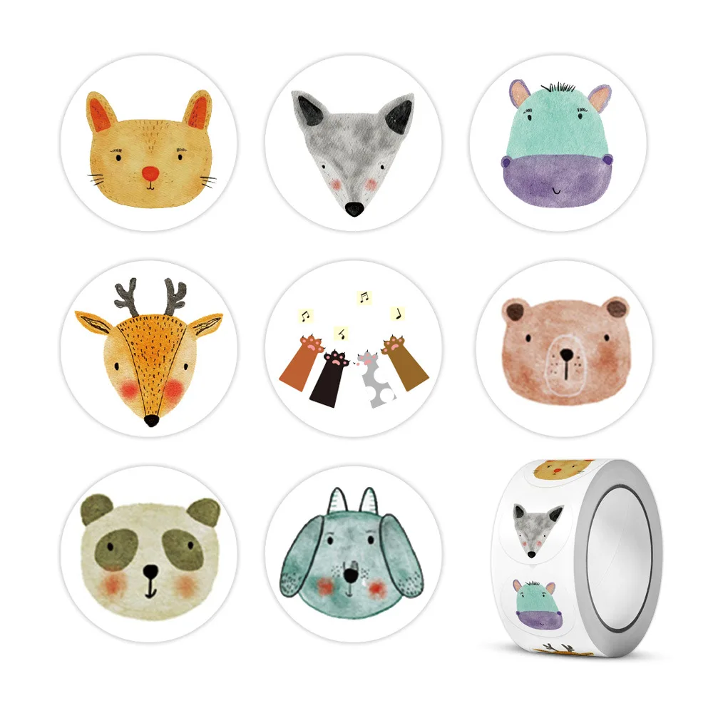 50-500pcs 1inch Round Cartoon Animal stickers for kids Teacher Reward Encourage Sticker Office Stationery for Children