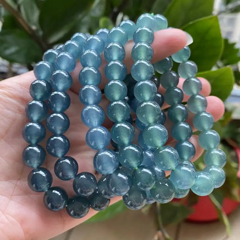 Natural a Cargo High QualityJadeite Water Ball 10mm Men's and Women's Jade Bracelet Dark Blue