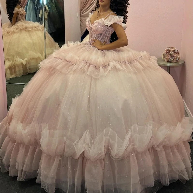 

Pink Shiny Ball Gown Quinceanera Dresses Off The Shoulder Lace Beads Corset Tiered Tull Party Birthday Sweet 16 Dress Vestidos