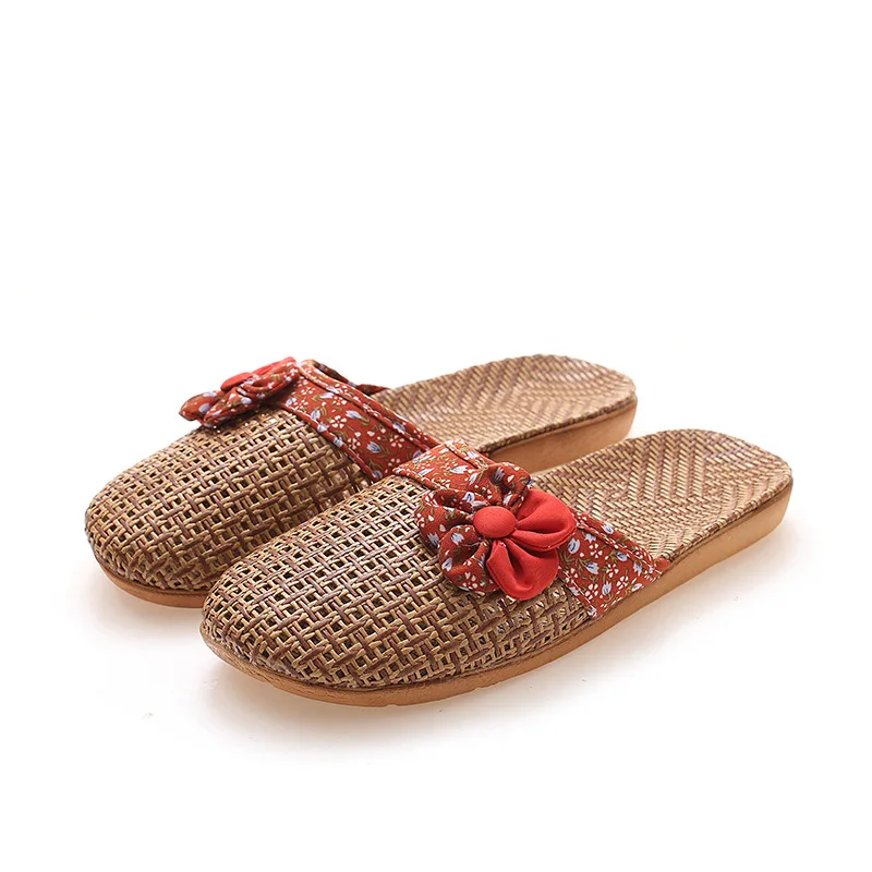 New Women Summer Female Casual Slides Floral Flax Flip-Flop Ladies Bow Sandals Woven Linen Home Slippers for Women Shoes