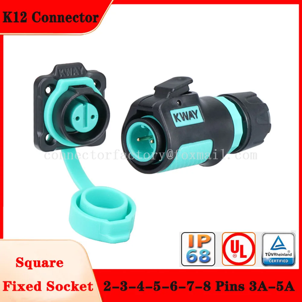 

KWAY K12 M12 Waterproof IP68 Aviation Male Plug Female Socket 2-3-4 core 5-6-7-8 pin Power Square Seat Quick Connector 3A 5A