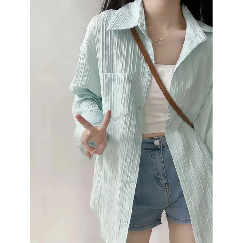 Cotton Linen Sun Protection Shirts Women Summer Loose Thin Long Sleeve Lapel Tops Korean Streetwear All-Match Buttons Blouse